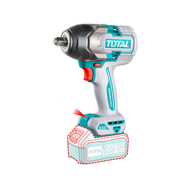 Utahovák rázový AKU 1/2", brushless, 850Nm, 20 V Li-ion, bez baterie a nabíječky, industrial