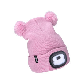 čepice s čelovkou 4x25lm, USB nabíjení, růžová se třpytkou a bambulemi, dětská, 70% acryl a 30% polyester