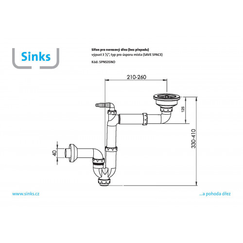 Sifon 3 1/2" pro nerez. dřezy (bez přepadu) s úsporou místa