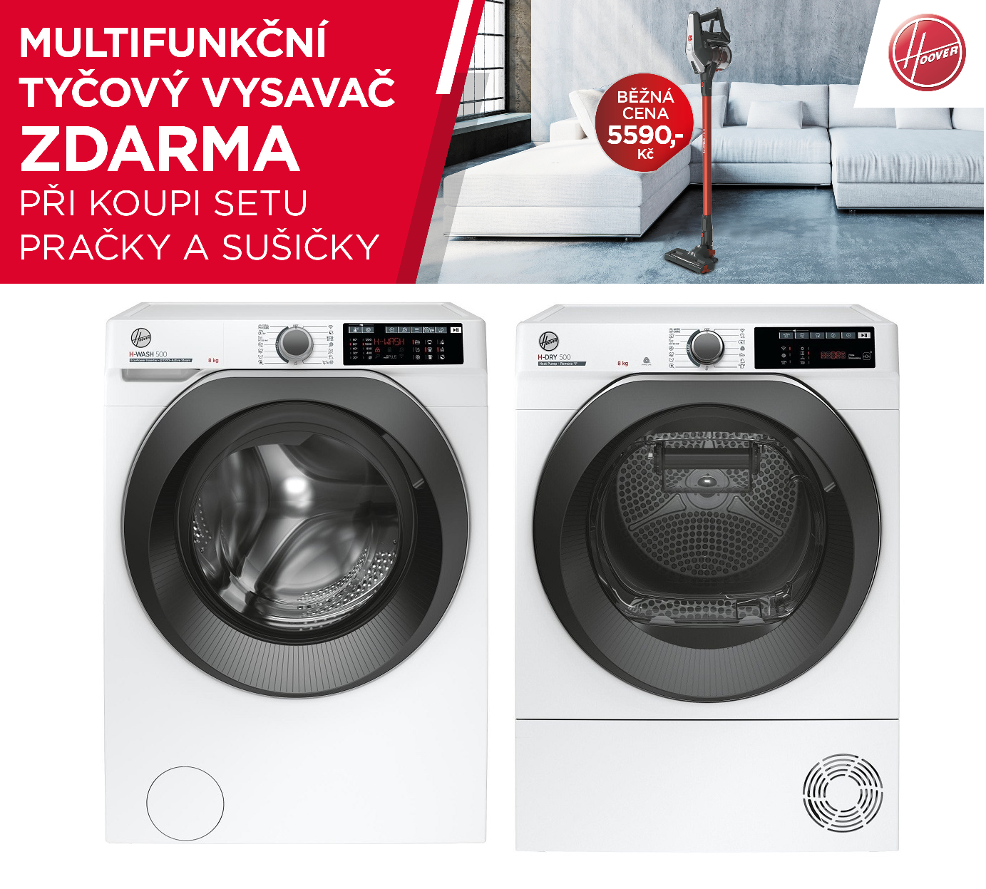 Set HOOVER HW 28AMBS/1-S + NDE H8A2TSBEXS-S + Záruka 5 let ZDARMA na celý set + Záruka 11 let na MOTOR pračky + Vysavač ZDARMA