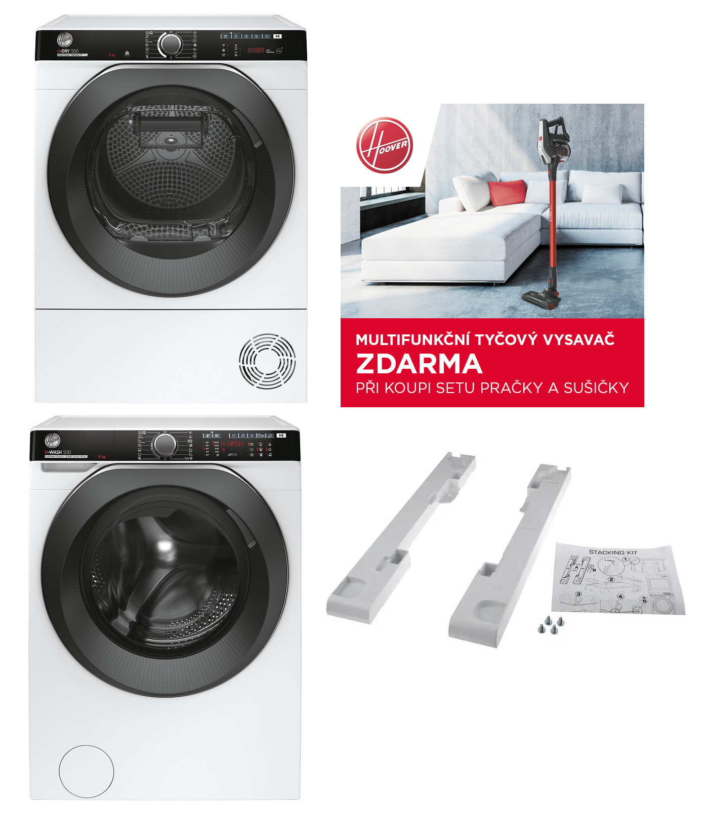 HOOVER Set HOOVER HWP68AMBC/1-S + NDPEH8A2TCBEXS-S + Záruka 5 let ZDARMA na celý set + Záruka 11 let na MOTOR pračky + mezikus WSK1101 + Vysavač ZDARMA