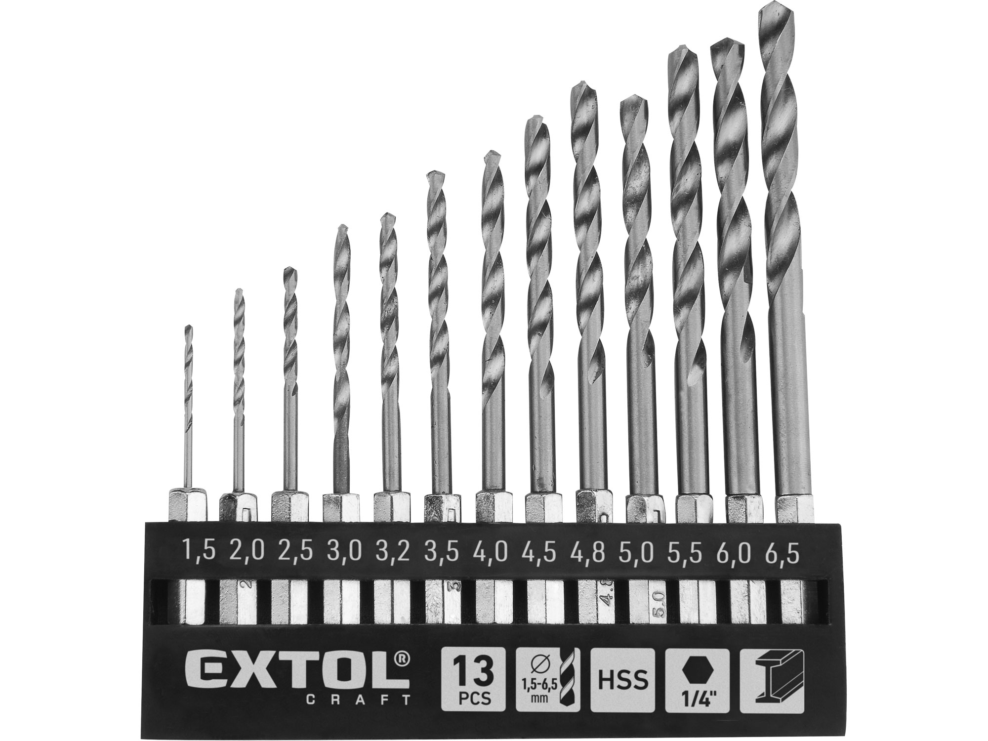 EXTOL CRAFT Vrtáky do kovu se šestihrannou stopkou, sada 13ks, 1,5-6,5mm, HSS